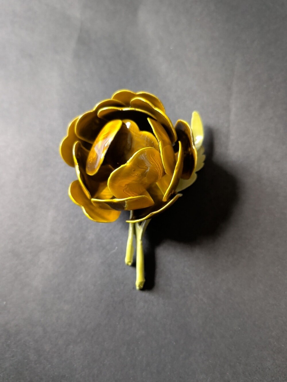 Vintage Olivine Enamel Yellow Mum Flower Brooch Pin Mid Century Modern